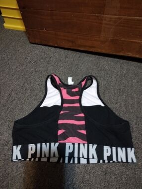 Victoria's Secret "PINK" Black & Pink Zebra Racerback Sports Bra Size LG